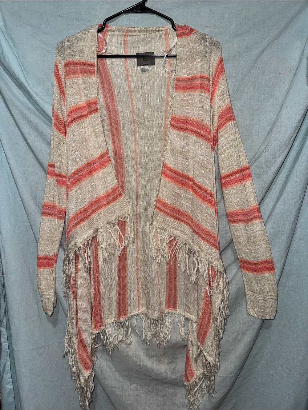 Open-Front Fringe Cardigan in Coral and Taupe Stripe